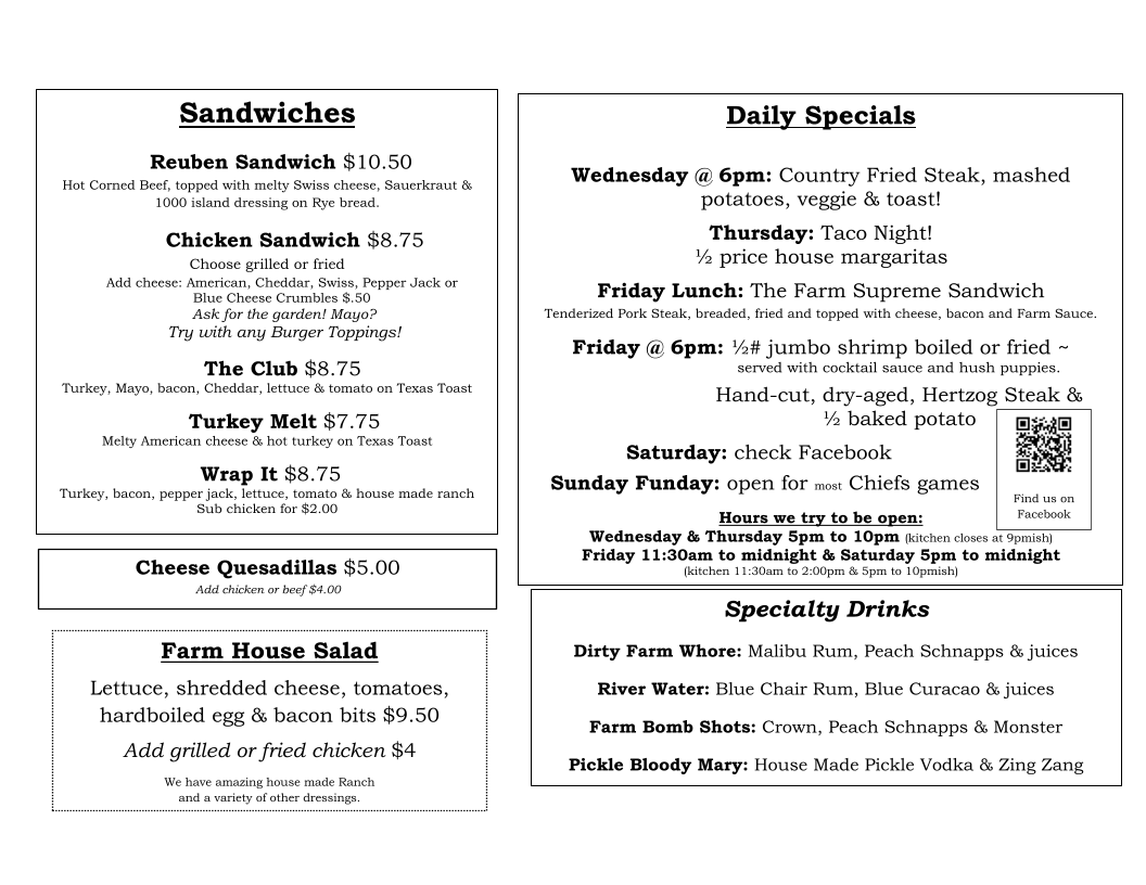 THE FARM Bar and Grill Menu