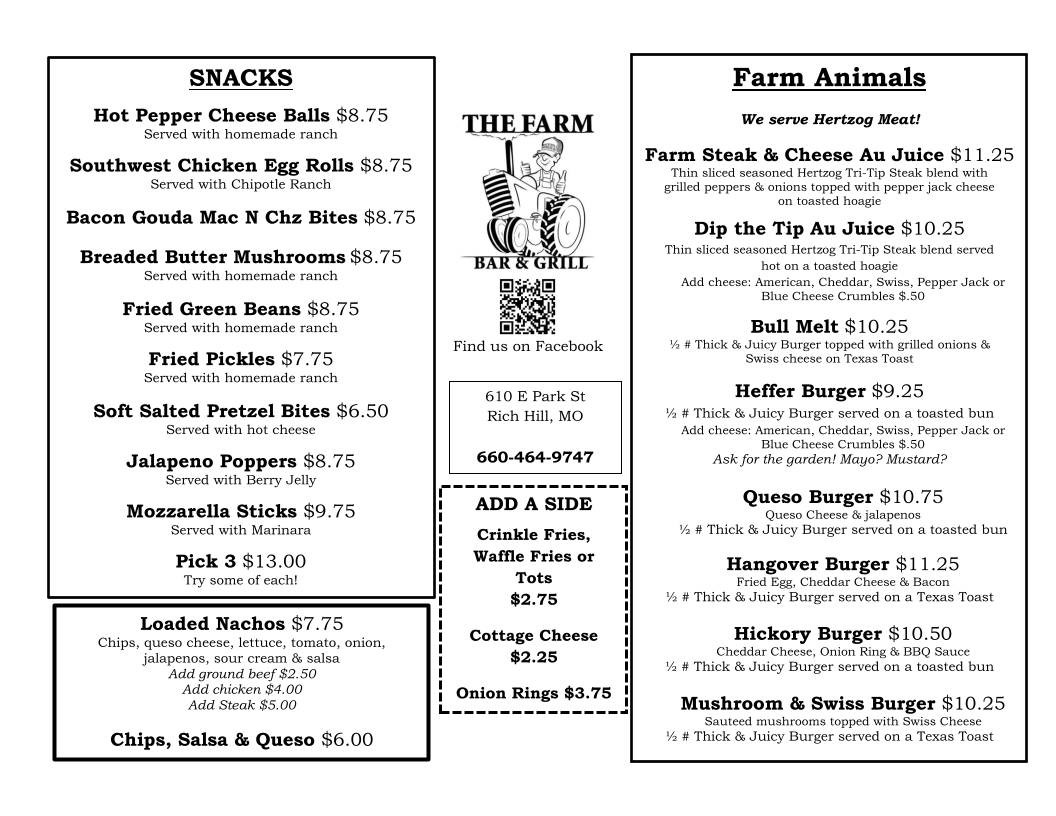 THE FARM Bar and Grill Menu