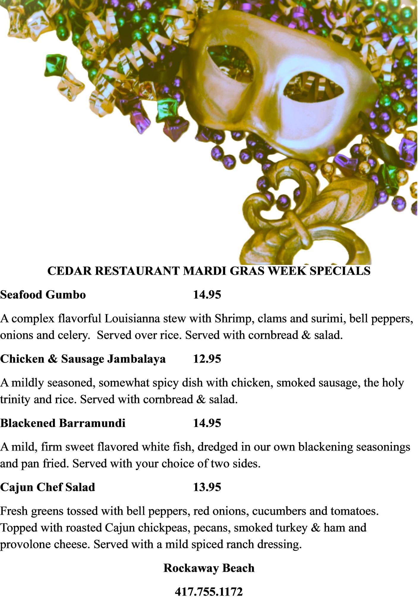 Cedar Restaurant Menu