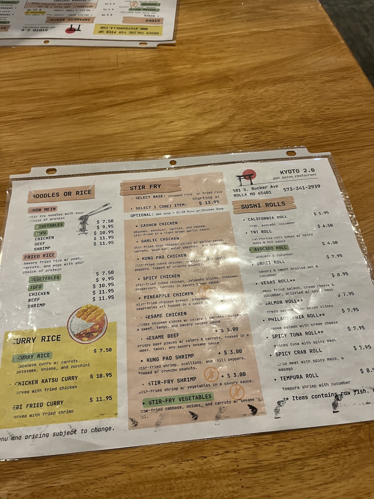 Kyoto 2.0 Pan Asian Restaurant Menu