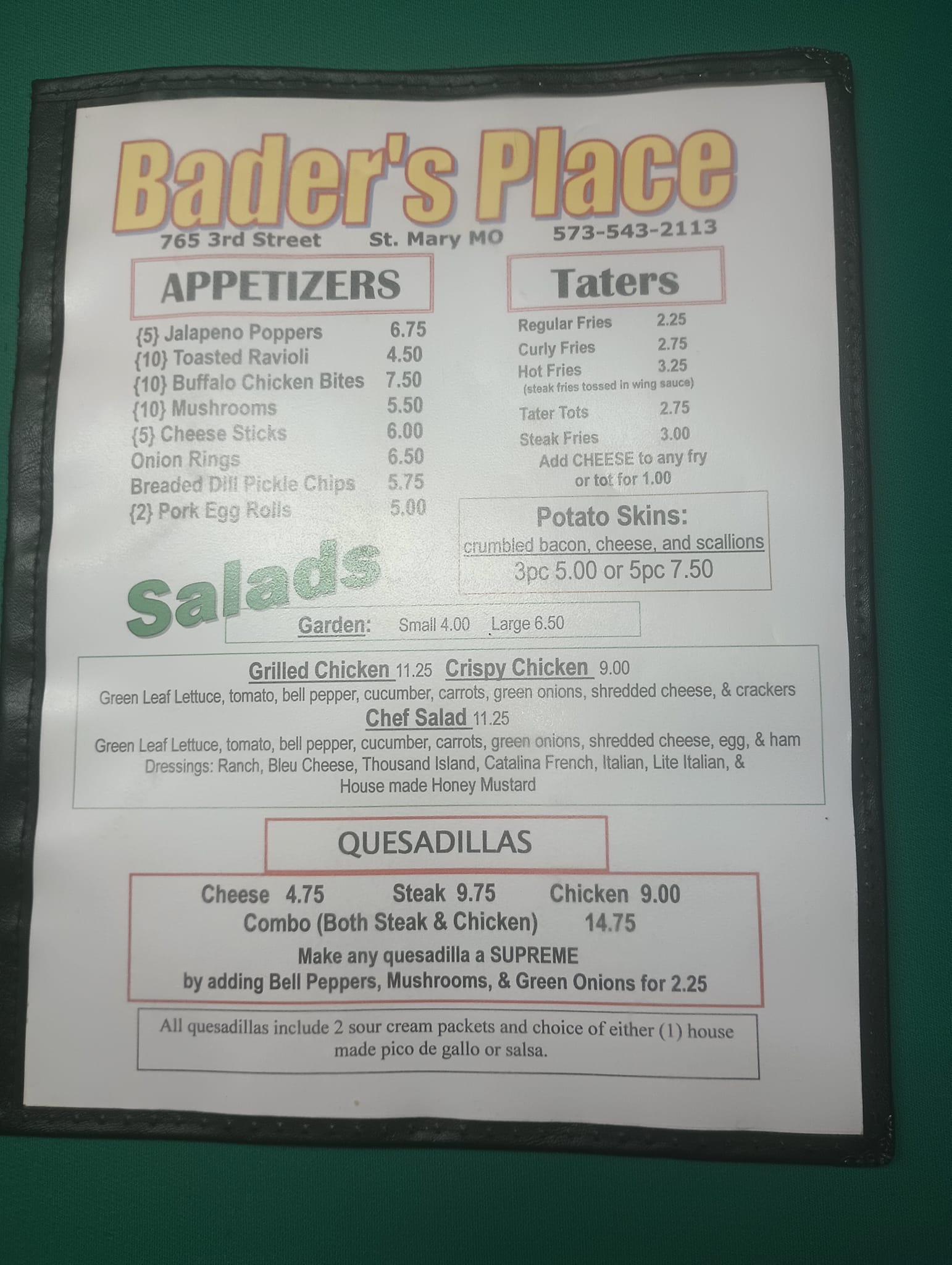 Bader's Place Menu