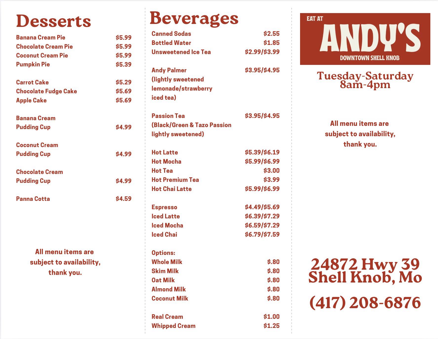 Andy’s Italian Cafe Menu