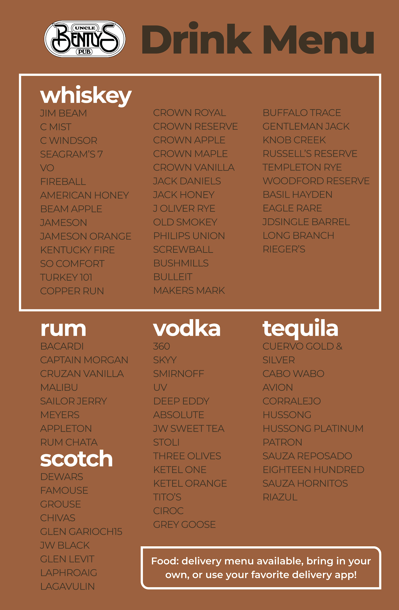 Uncle Bently's Pub and Lounge Menu