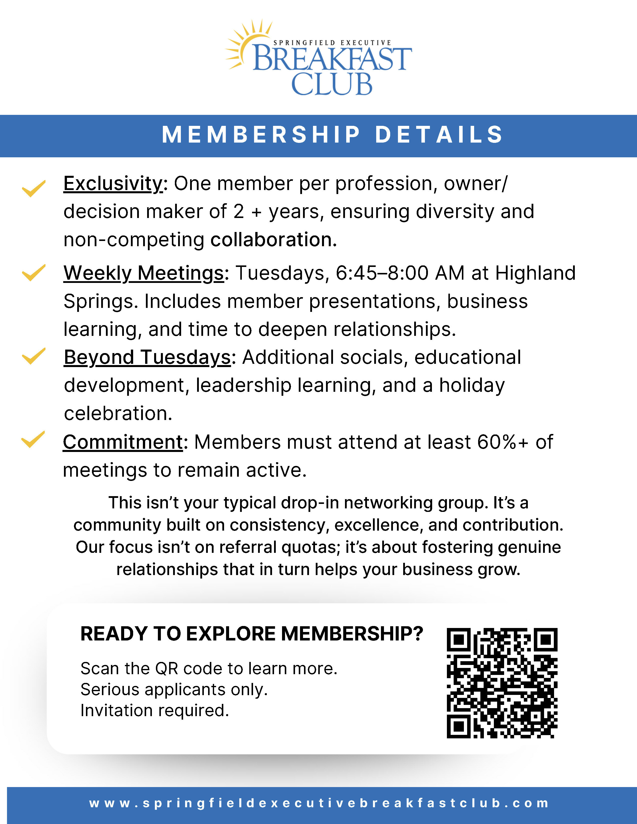 Springfield Executive Breakfast Club Menu