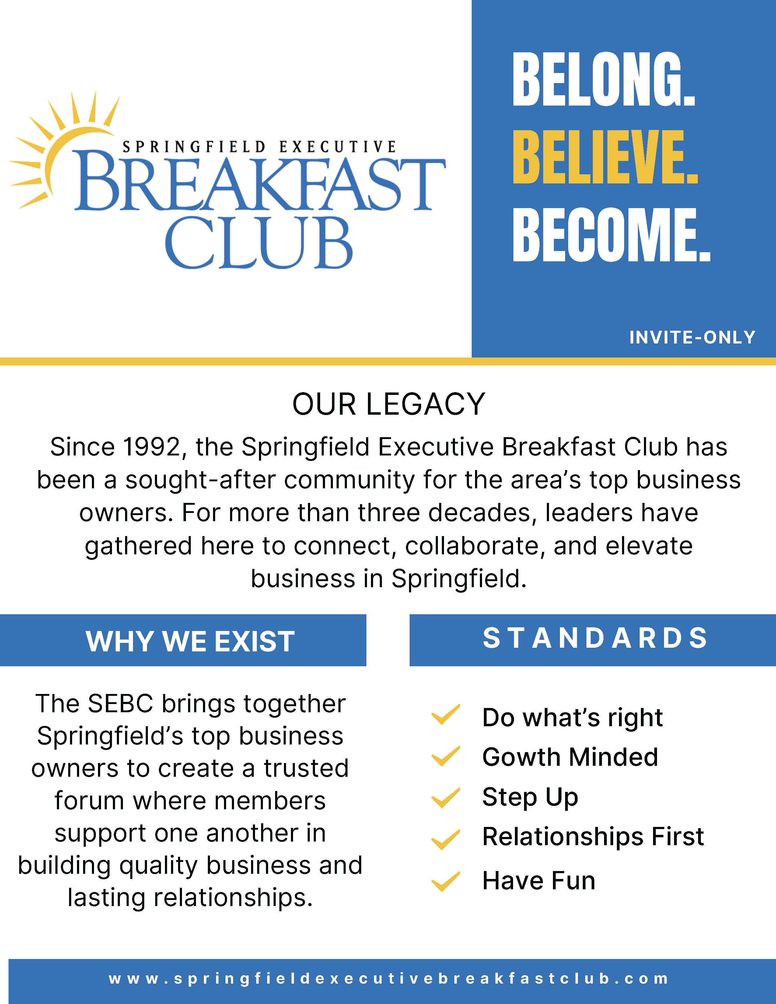 Springfield Executive Breakfast Club Menu