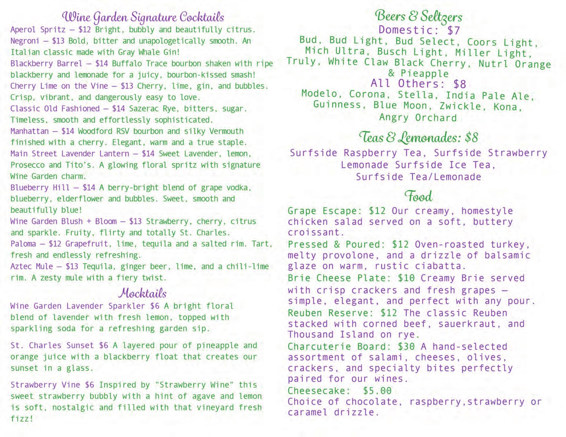 The Wine Garden Menu