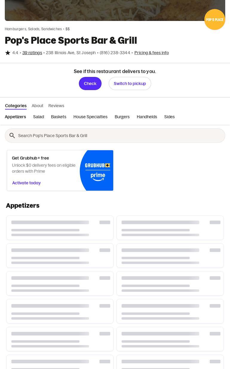 POP'S PLACE SPORTS BAR AND GRILL Menu