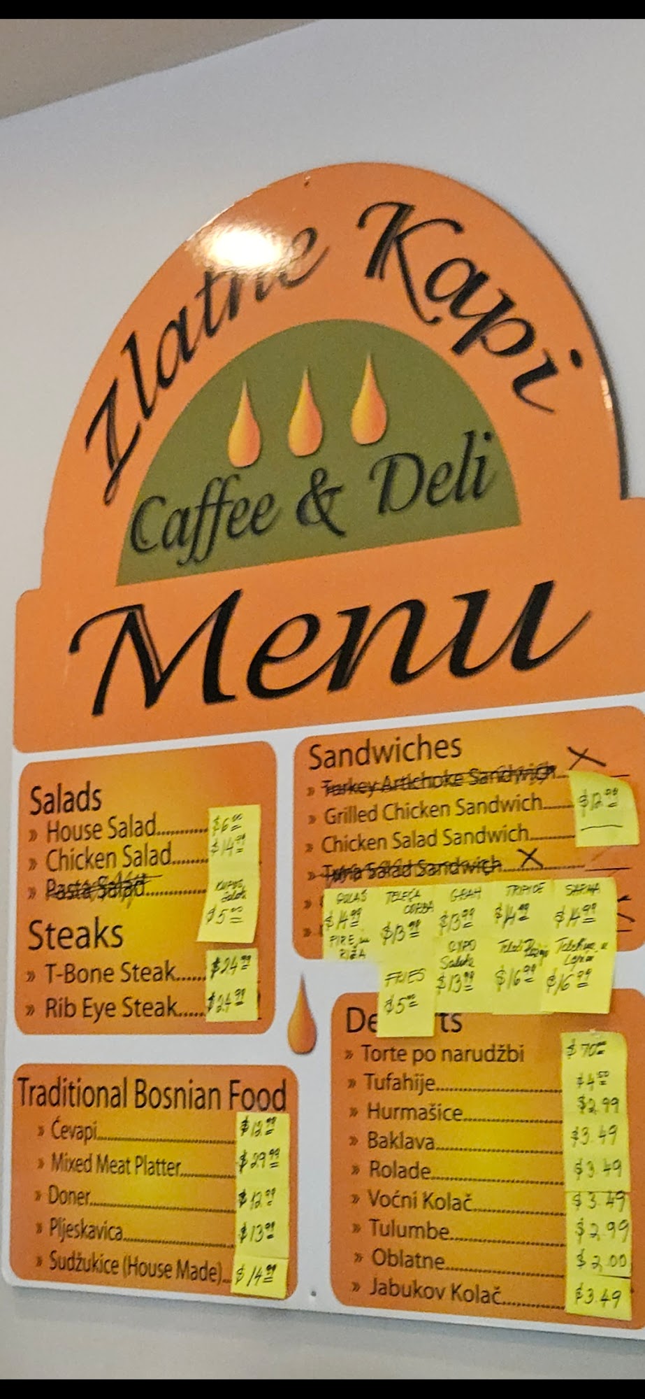 Zlatne Kapi LLC Menu