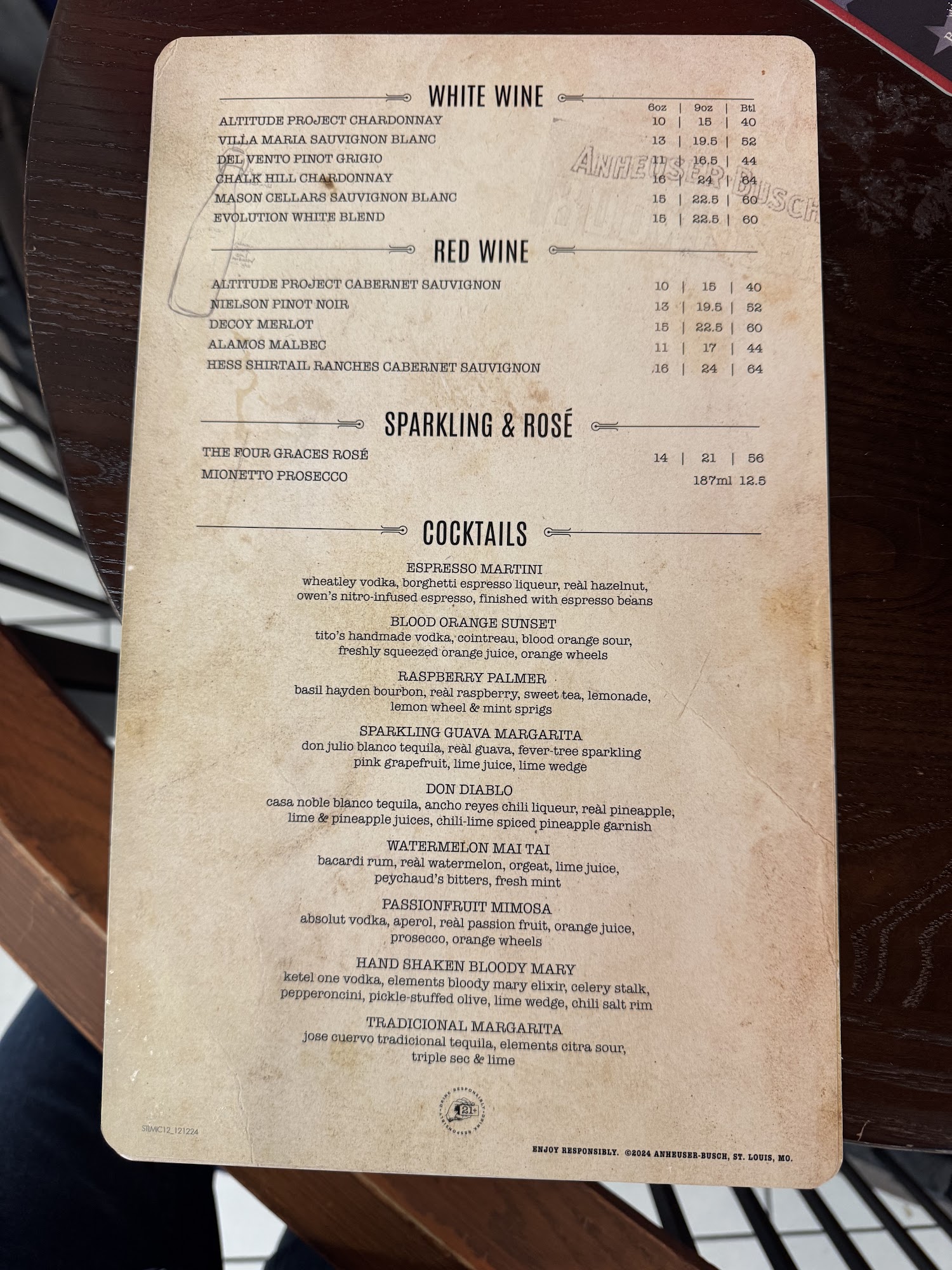 Budweiser 1876 Menu