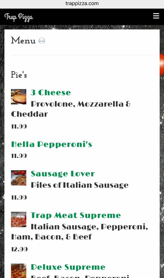 Trap Pizza Menu