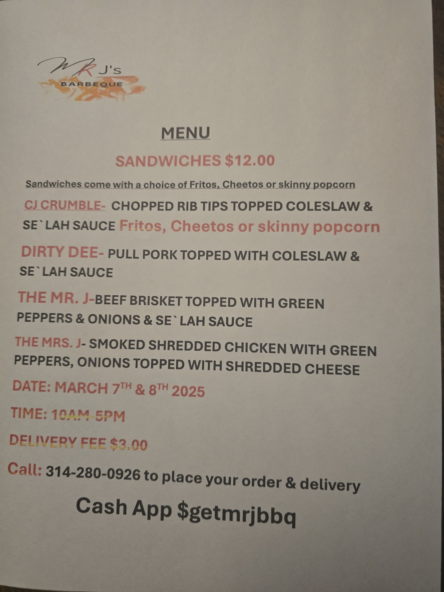 Mr. J's BBQ Menu