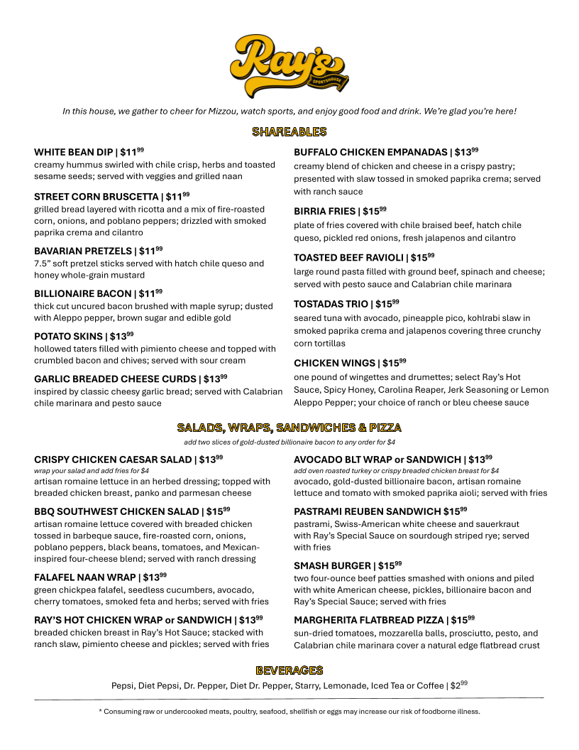 Ray's SportsHouse Menu