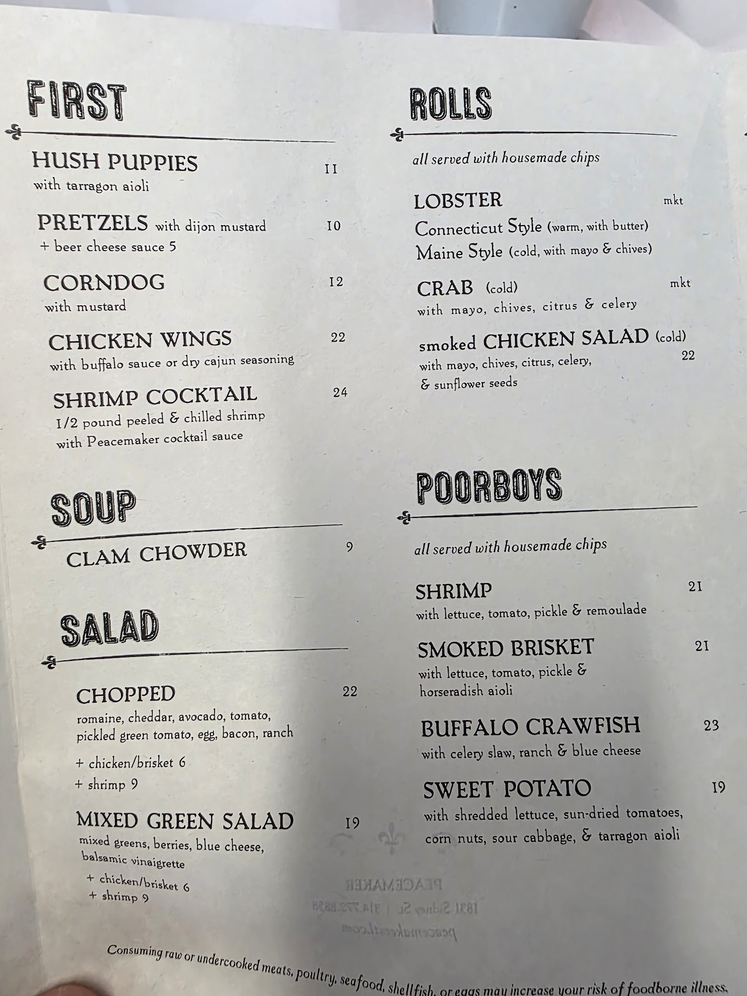 Peacemaker Lobster & Crab Menu