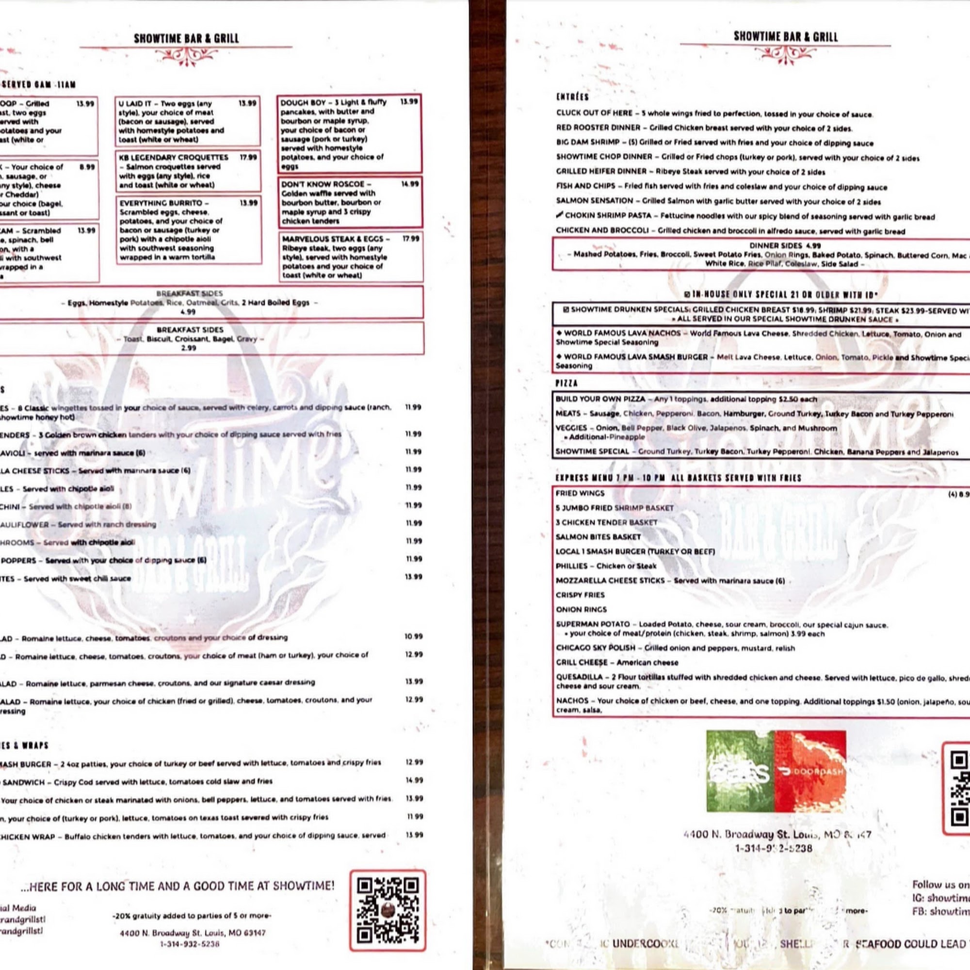 ShowTime Bar and Grill Menu