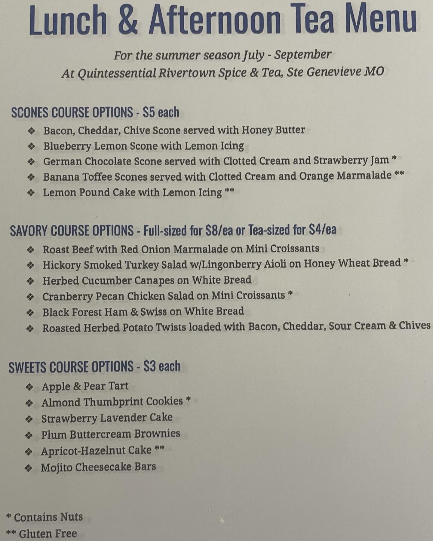 Quintessential Rivertown Spice & Tea Menu