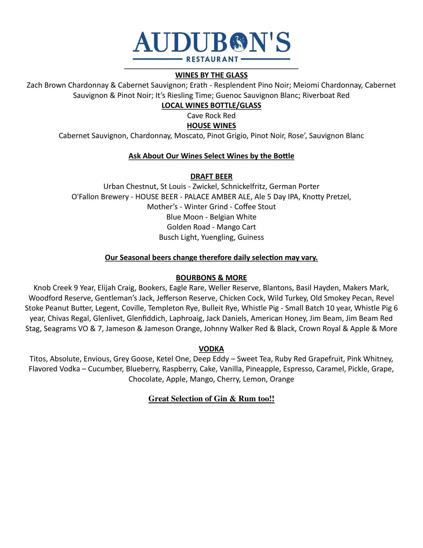 AUDUBON'S PALACE BAR Menu