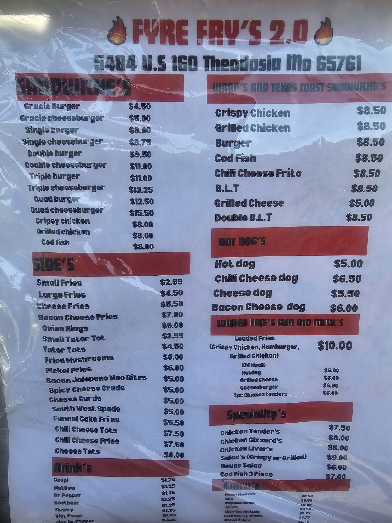 fyre fry's 2.0 Menu