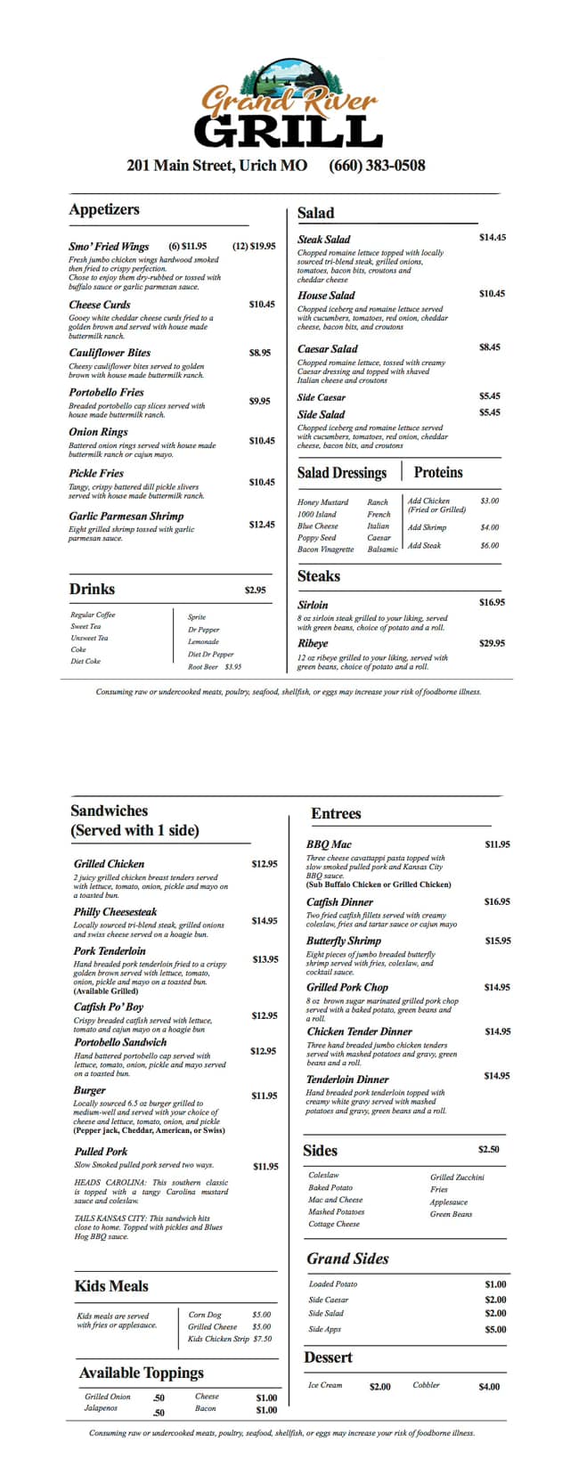 Grand River grill Menu