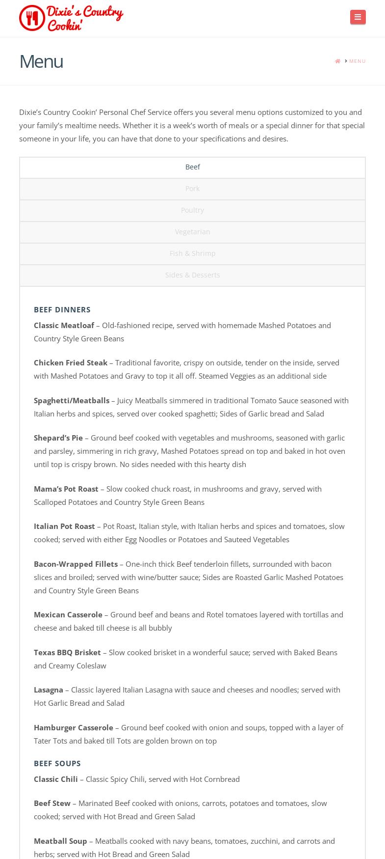 Dixie's Country Cookin' Menu
