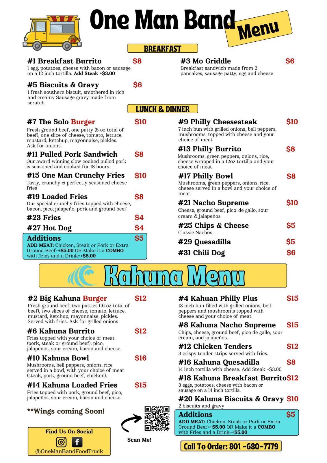 One Man Band Food Truck Menu