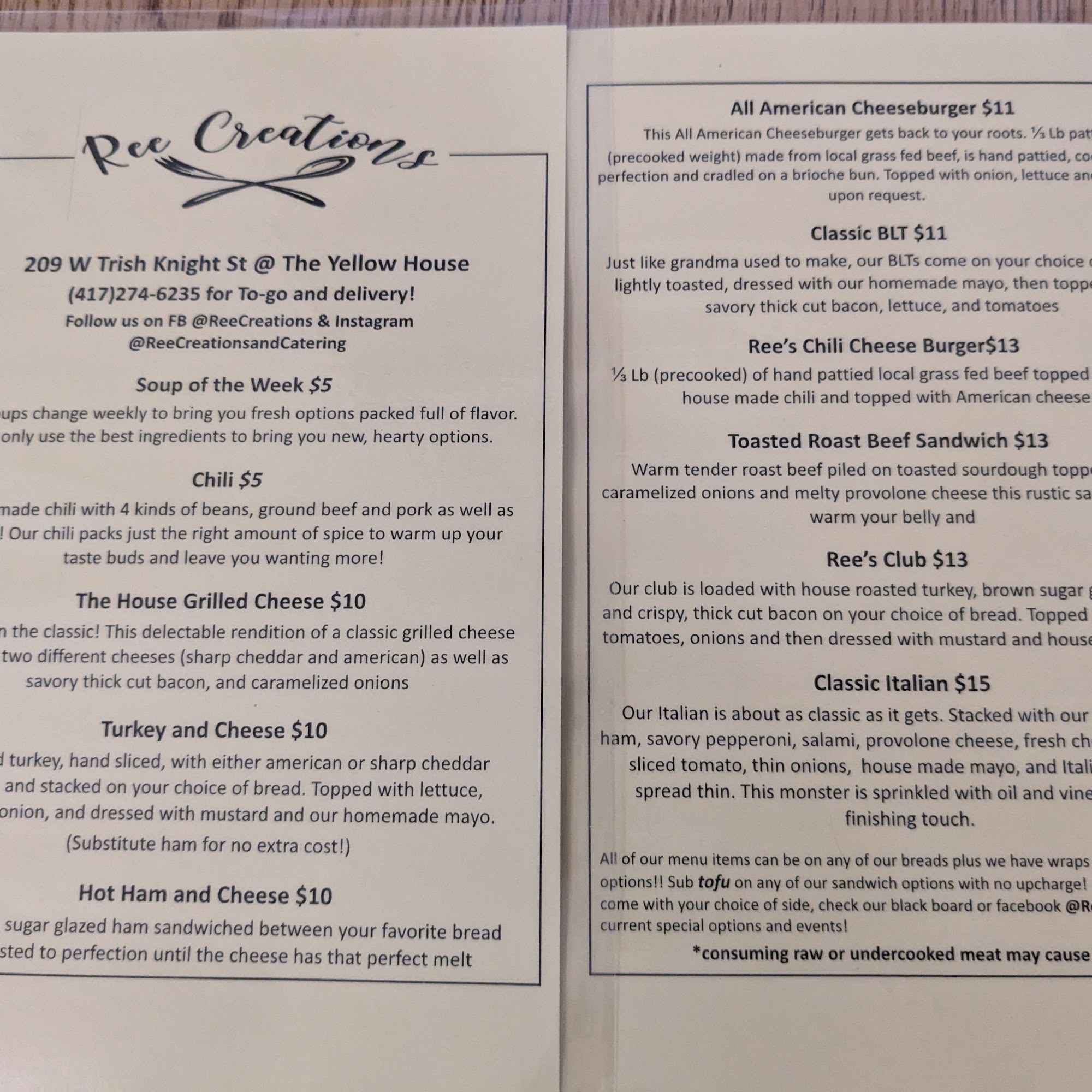 Ree Creations Menu