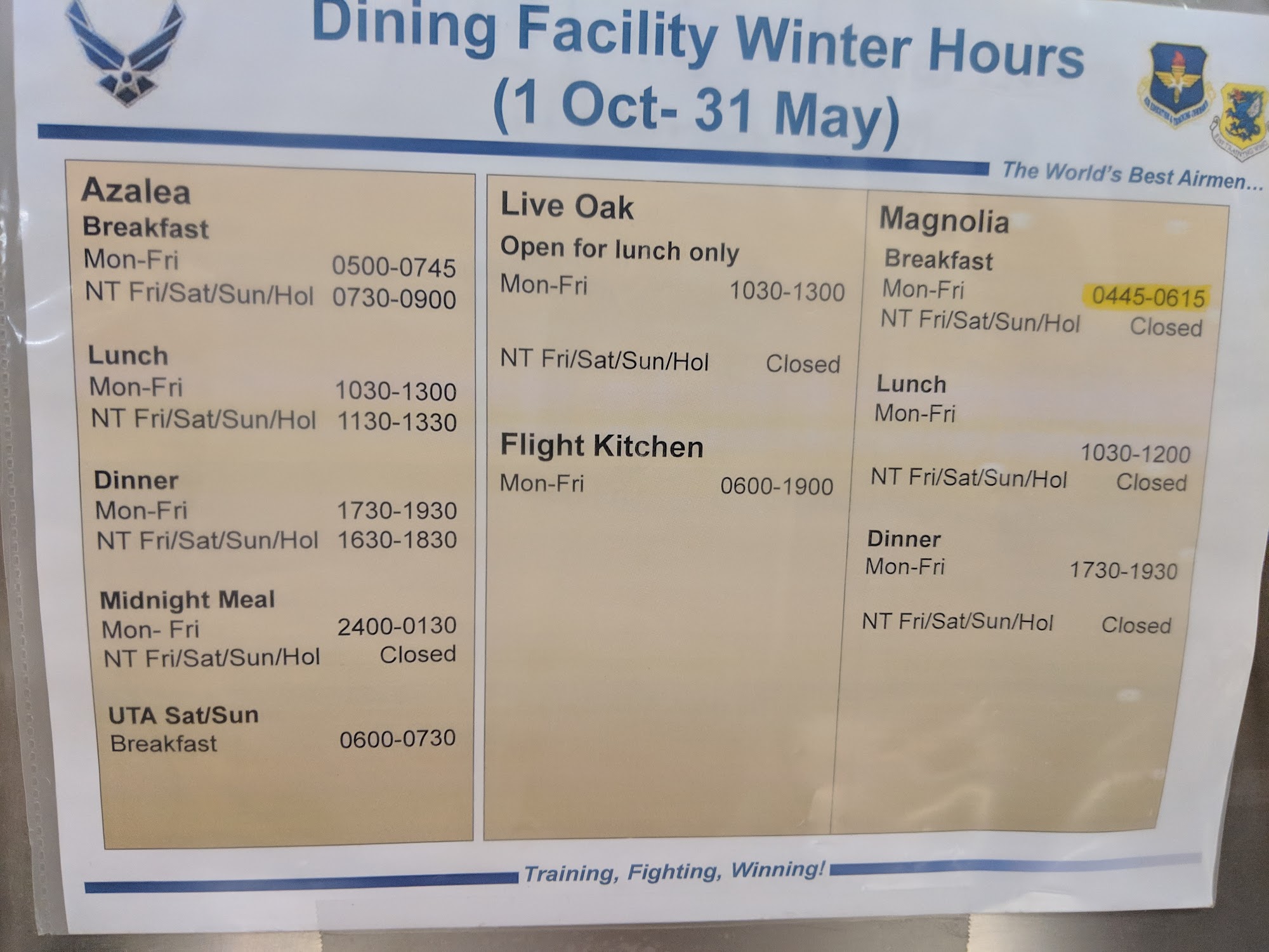 Live Oak Dining Facility, Bldg 2001 Menu