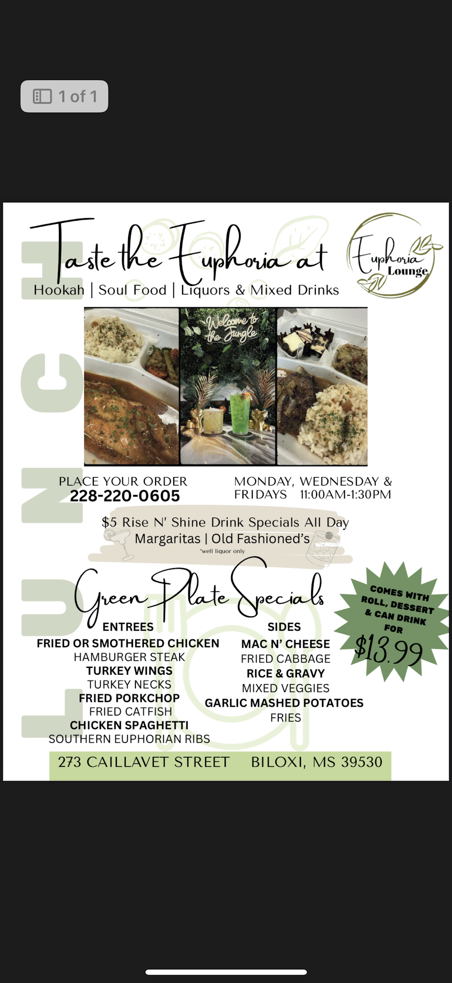 Euphoria Lounge Menu