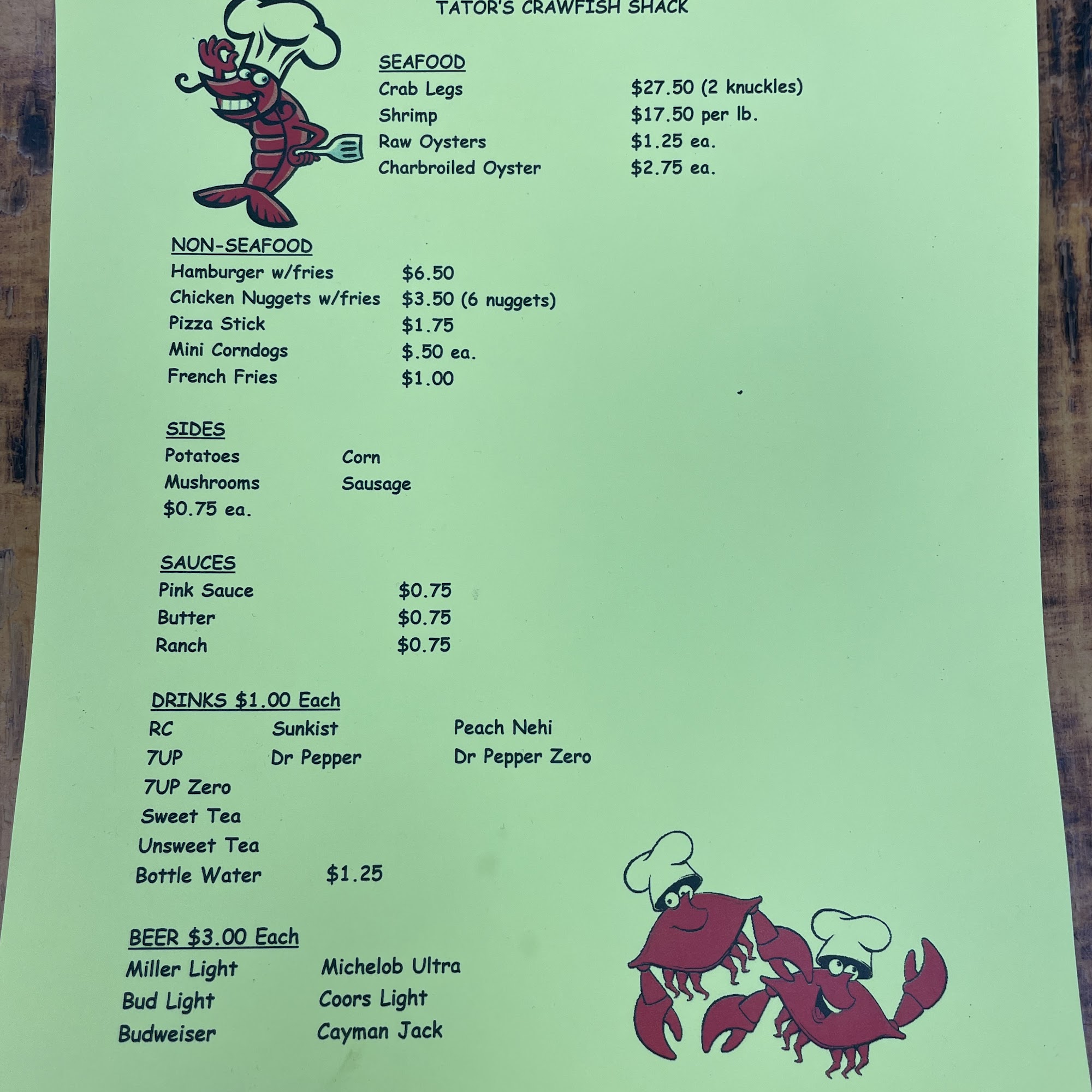 Tators Crawfish Shack Menu