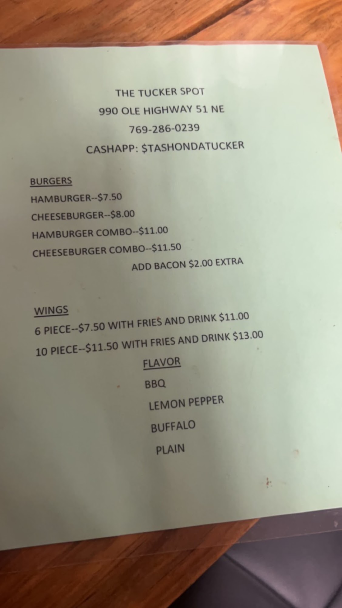 The Tucker’s Spot Menu