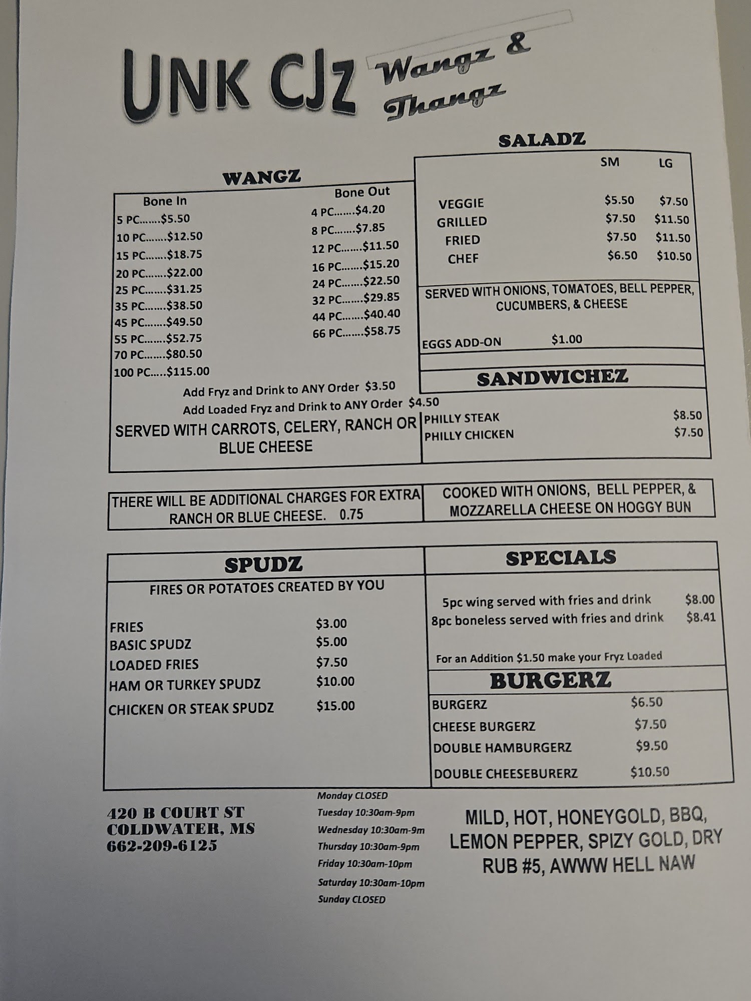 Mr CJ'z Wangz & Thangz Menu