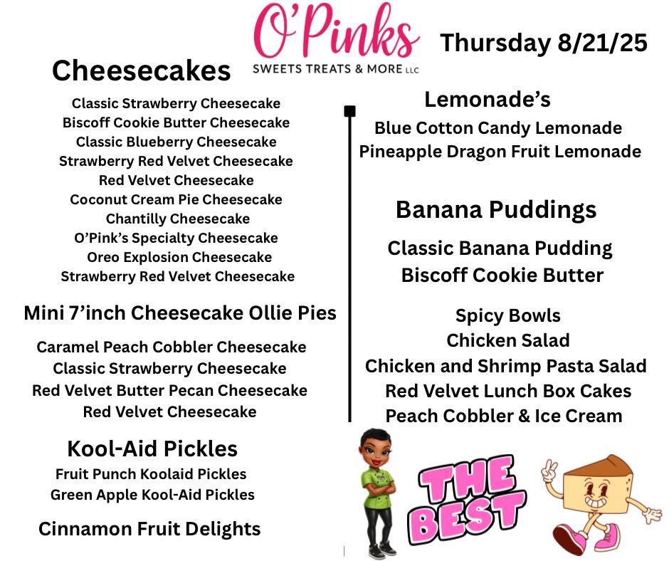 O'Pink’s Sweets Treats & More LLC Menu