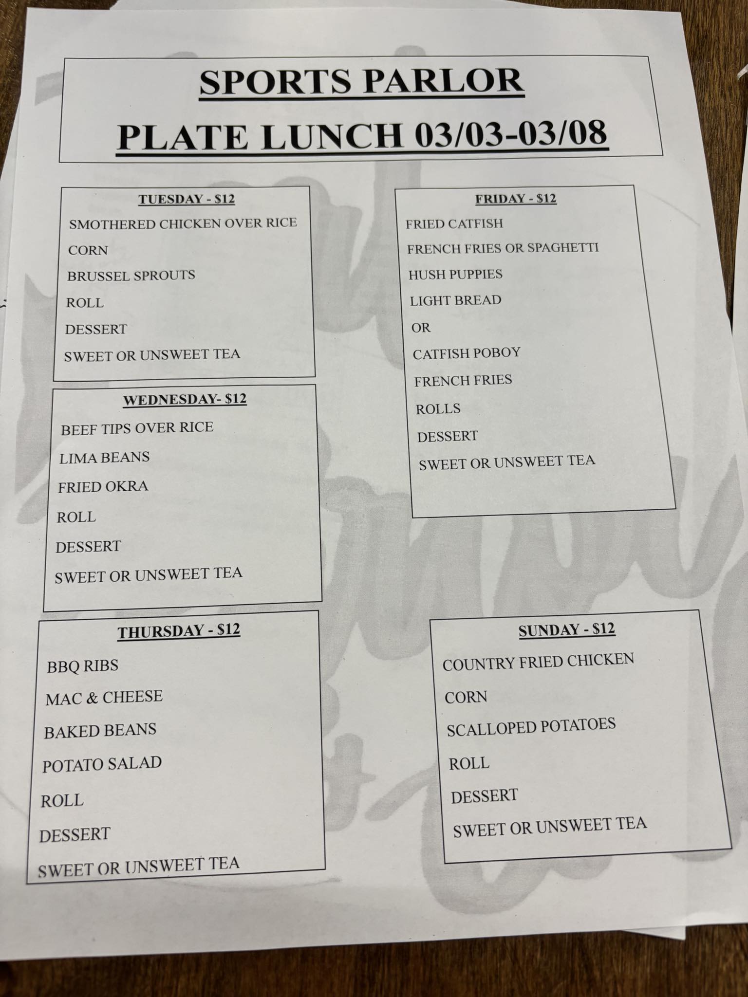 Sports Parlor Menu