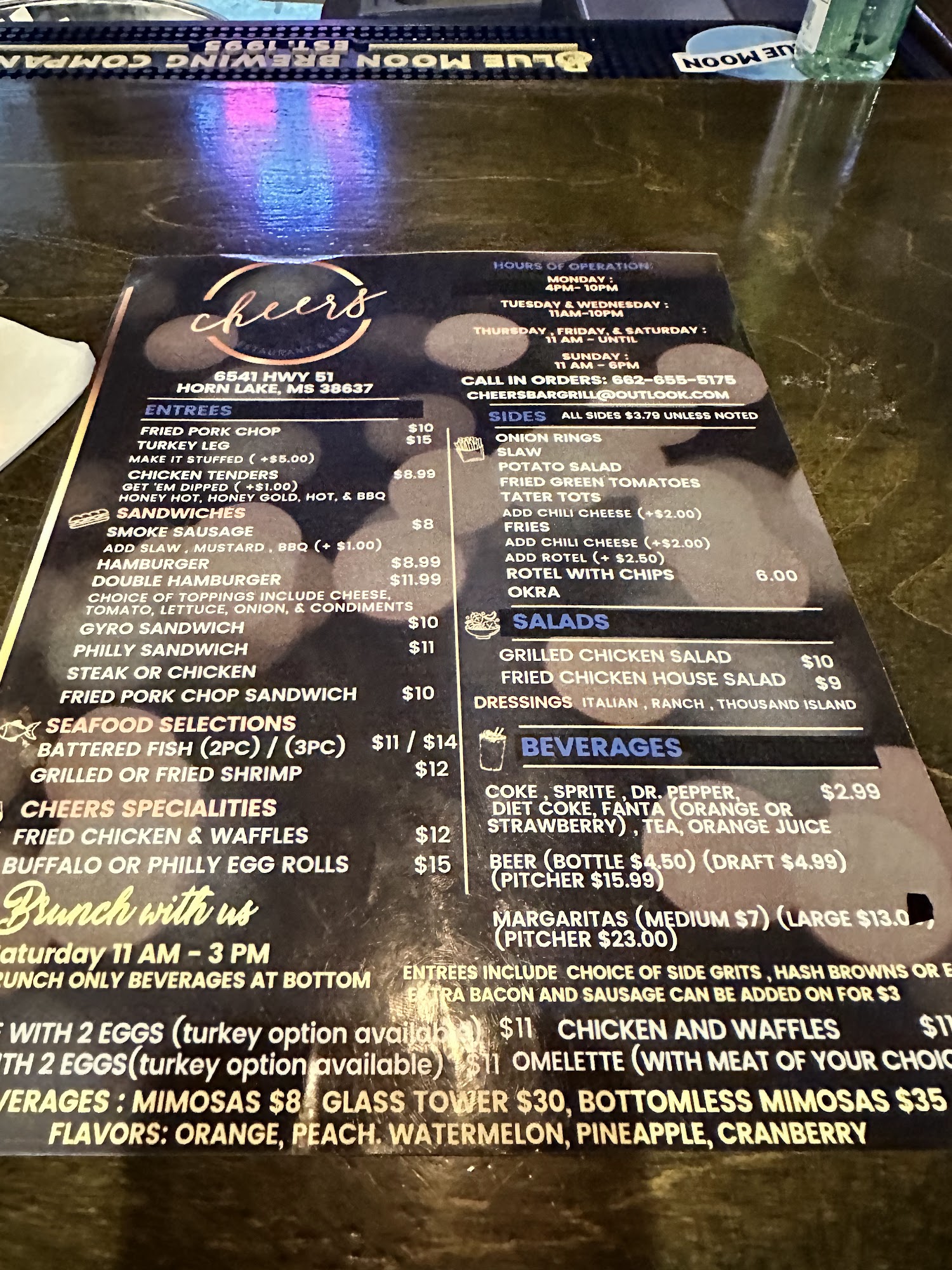 Cheers Restaurant and Bar Menu
