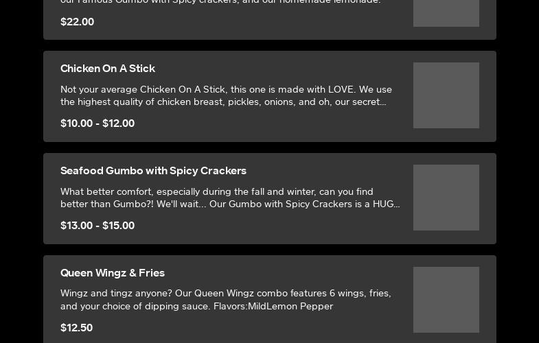 Queen Tingz and Thingz Menu