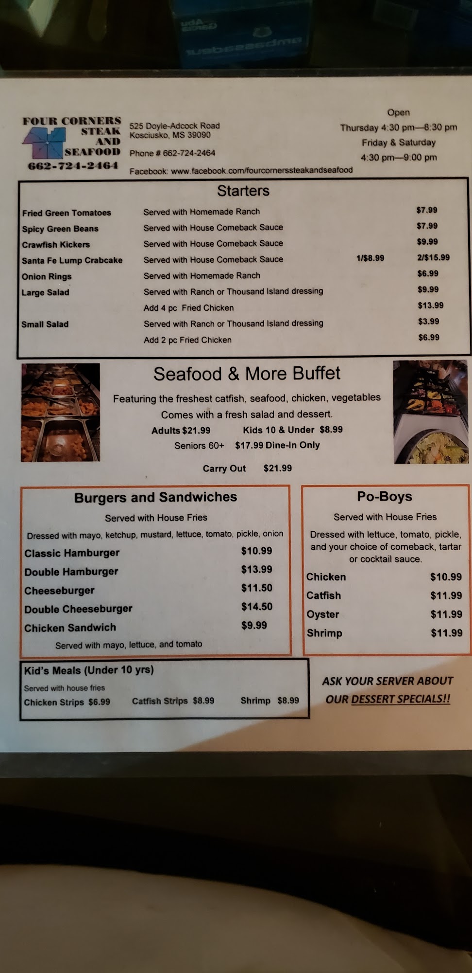 Four Corners Steak and Seafood Menu