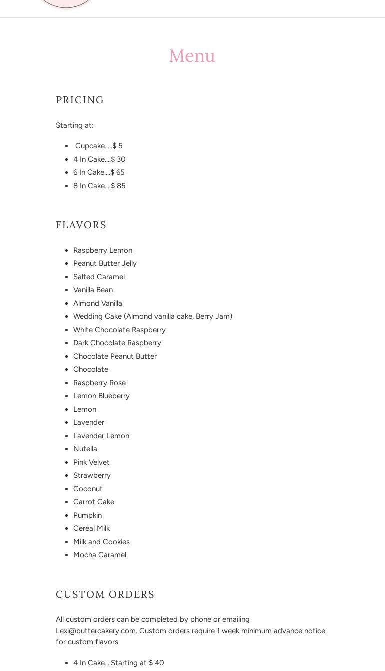 Butter Cakery Menu