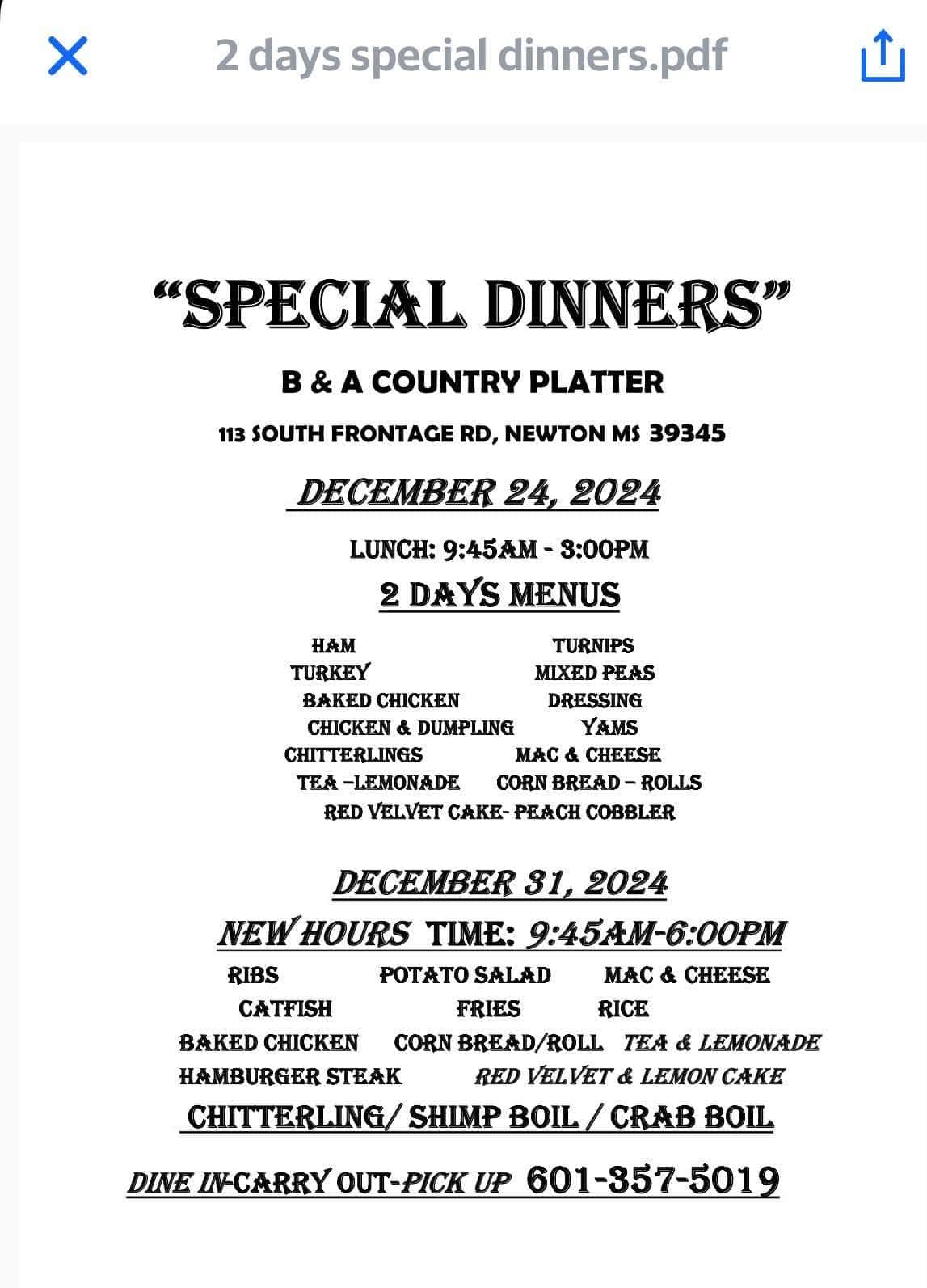 T-Bones Too Dine-In Carry-Out Menu