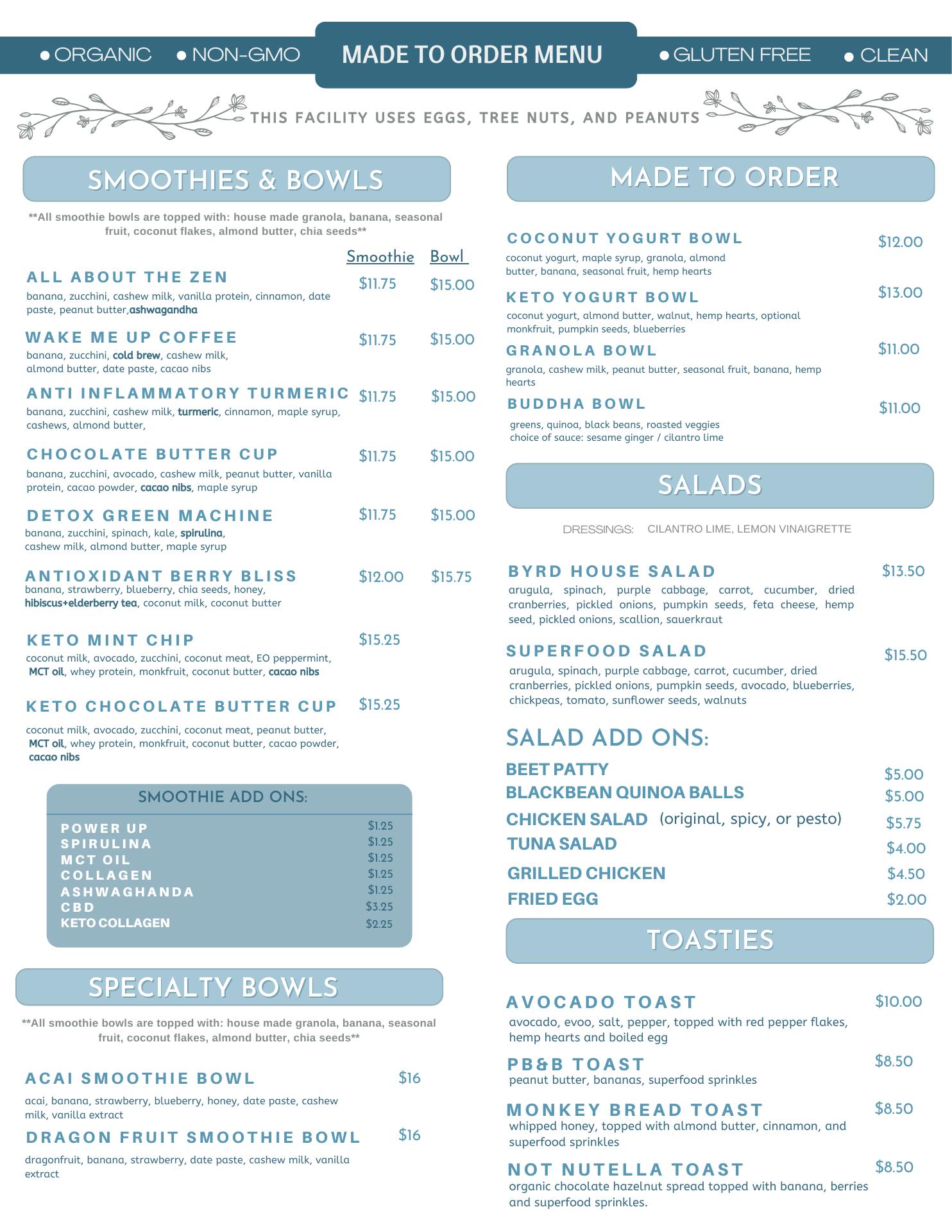 Byrd House Cafe' Menu