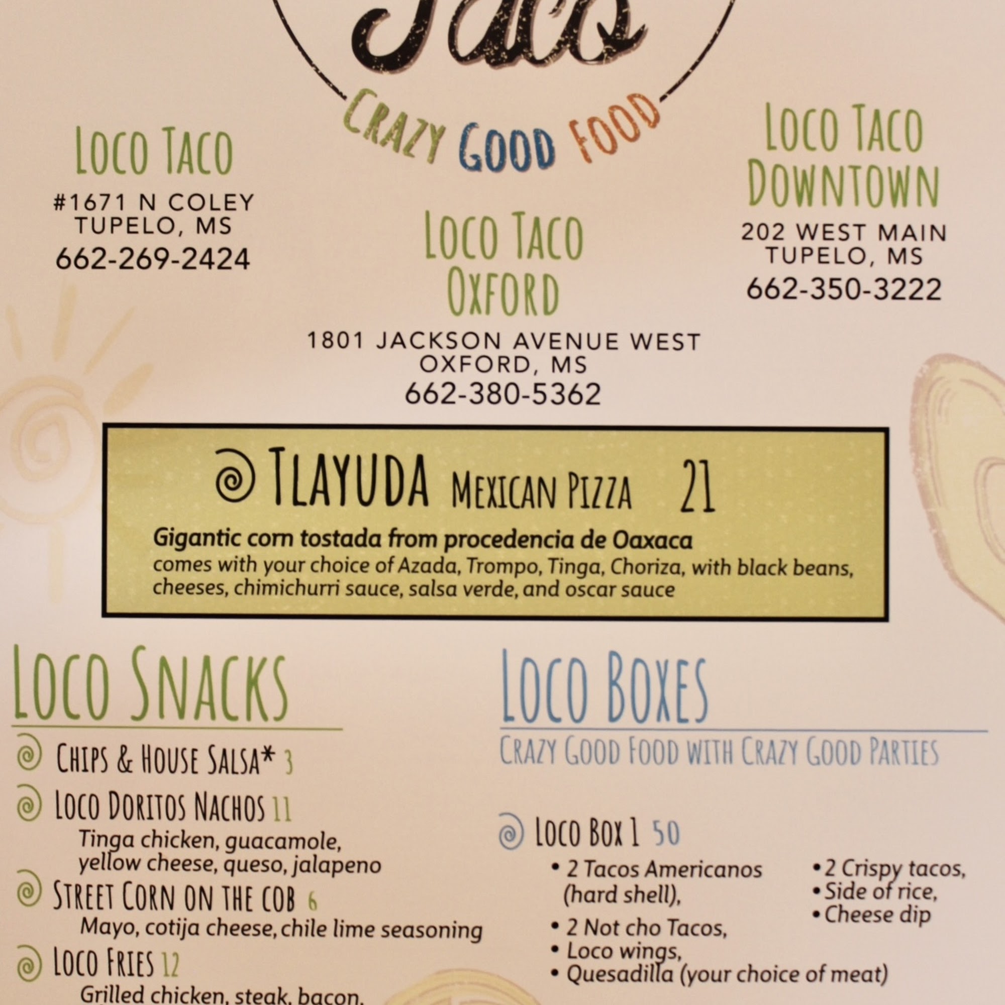 Loco Taco Oxford Menu