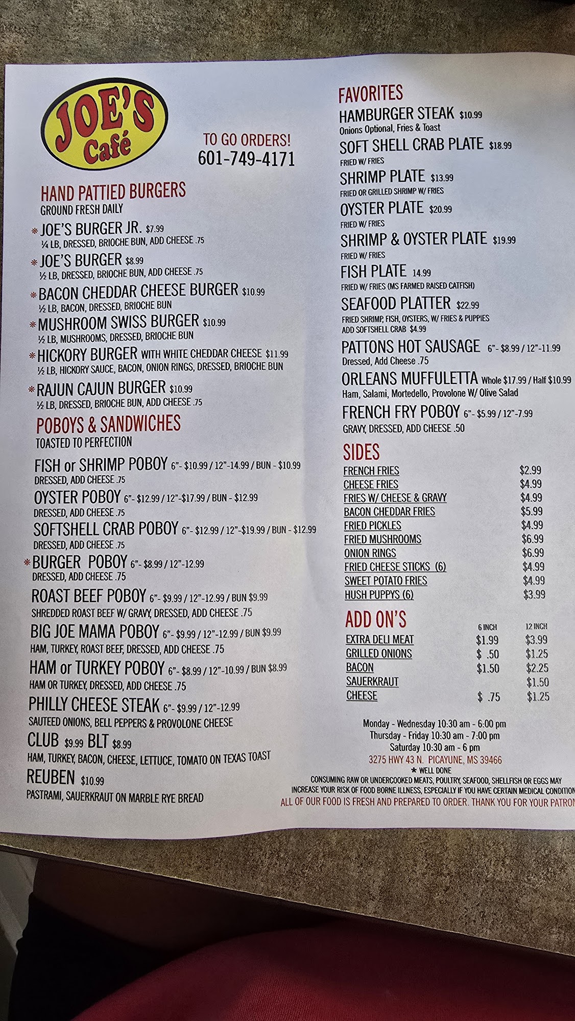 Joe's Cafe & Deli Menu