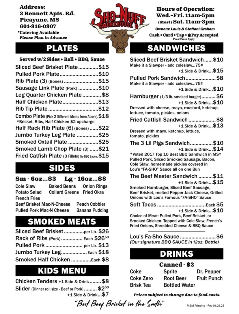 Sho-Nuff Smokehouse Q Menu