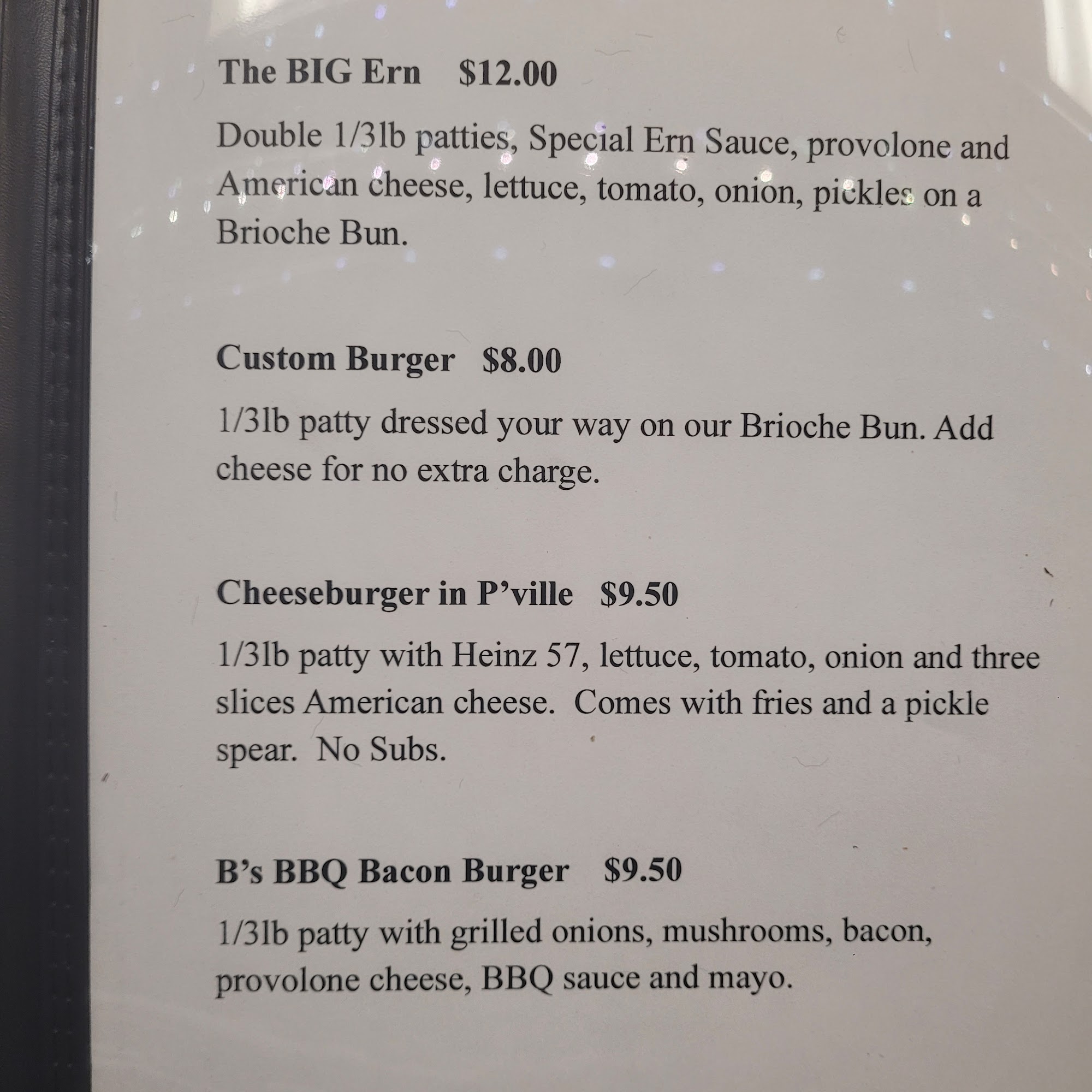 Ernie B's Menu