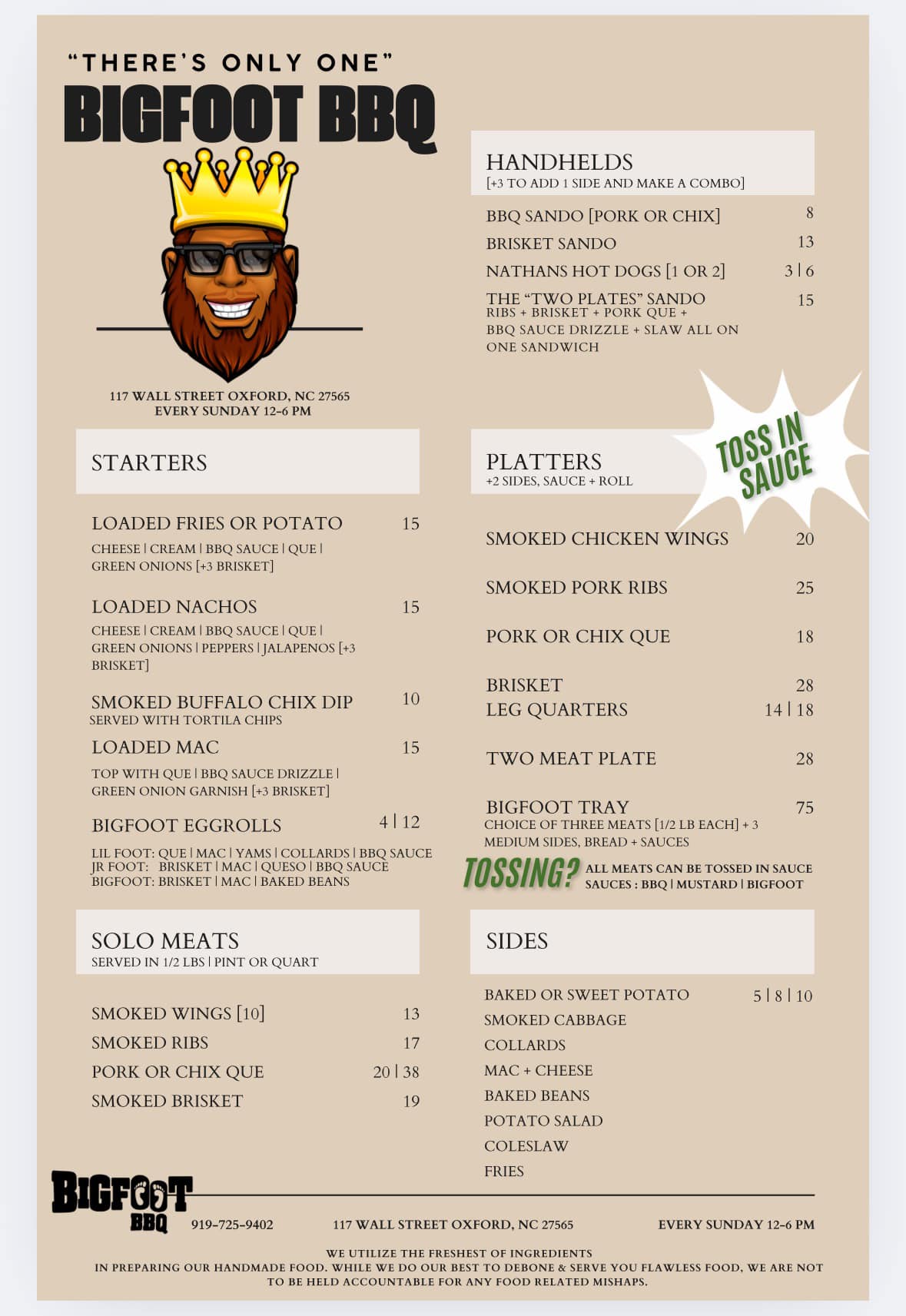 Bigfoot BBQ Menu