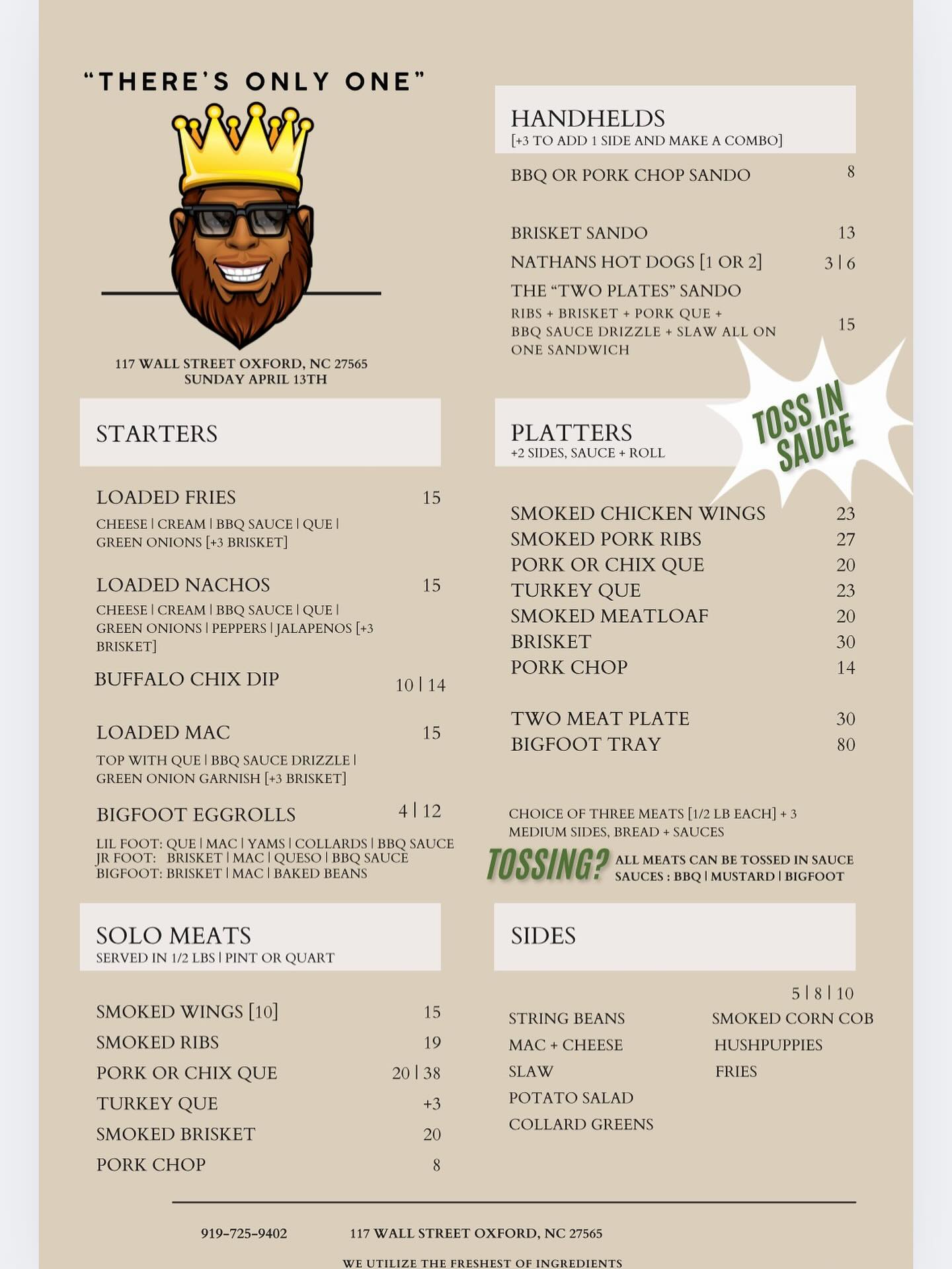 Bigfoot BBQ Menu