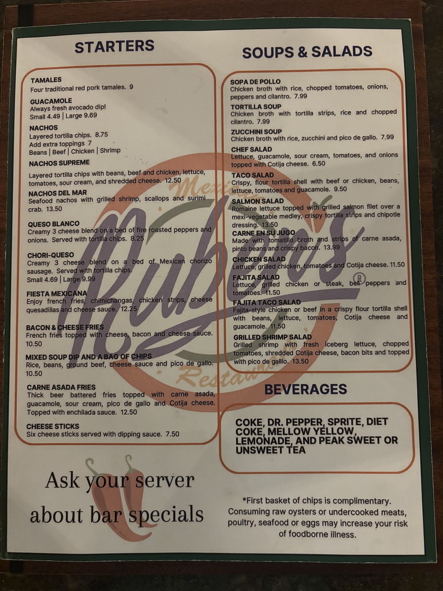 Ruben's Mexican Restaurant Menu