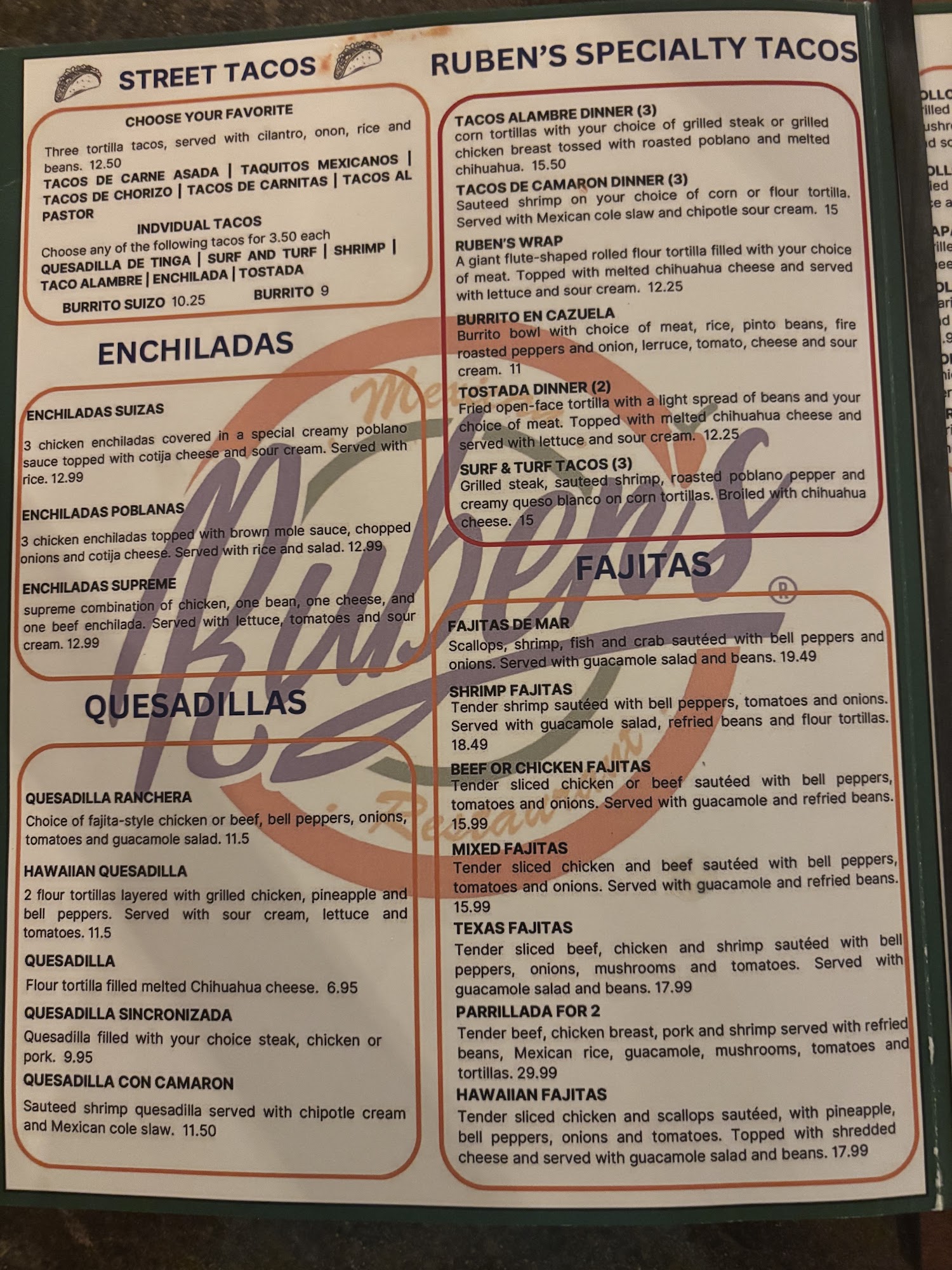 Ruben's Mexican Restaurant Menu