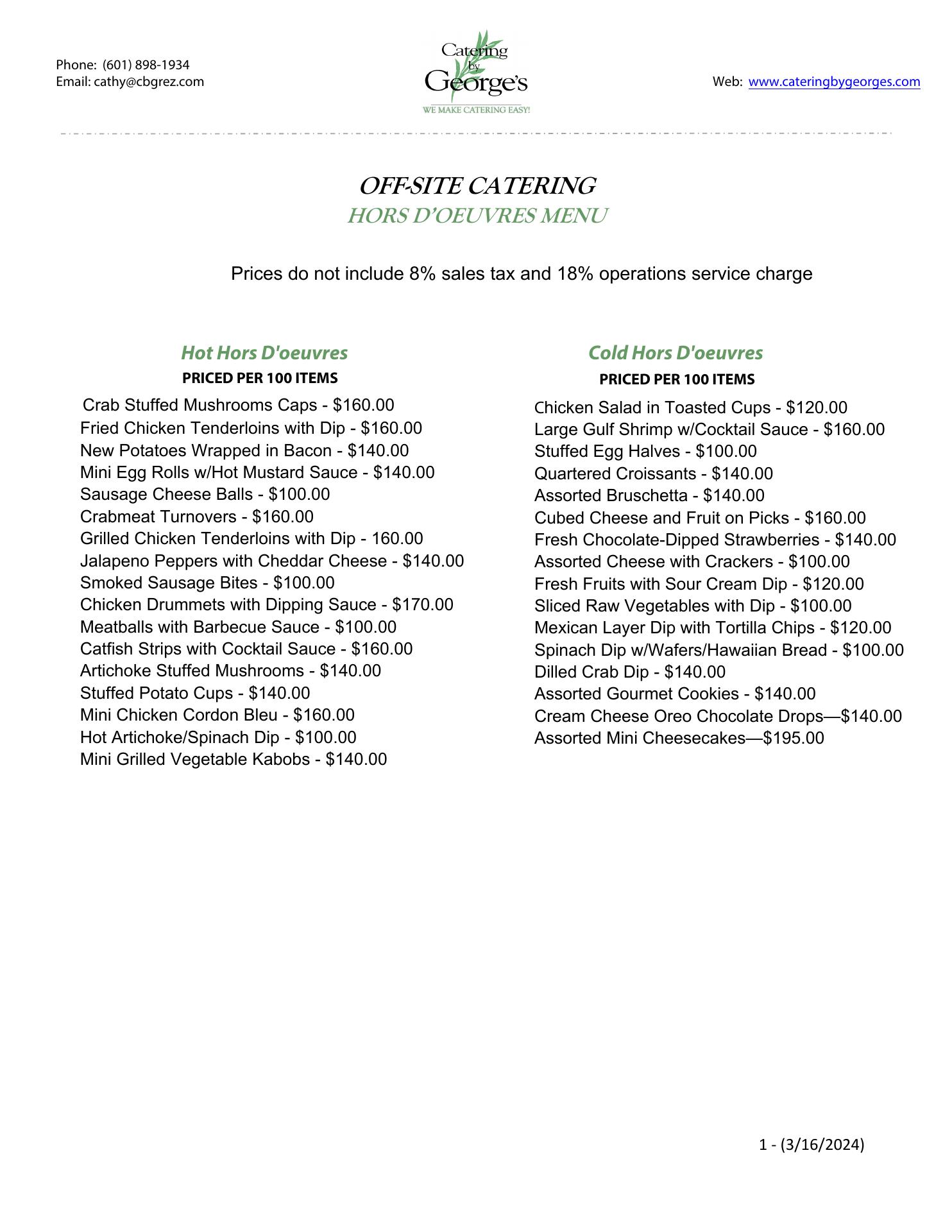 Catering by George's Menu