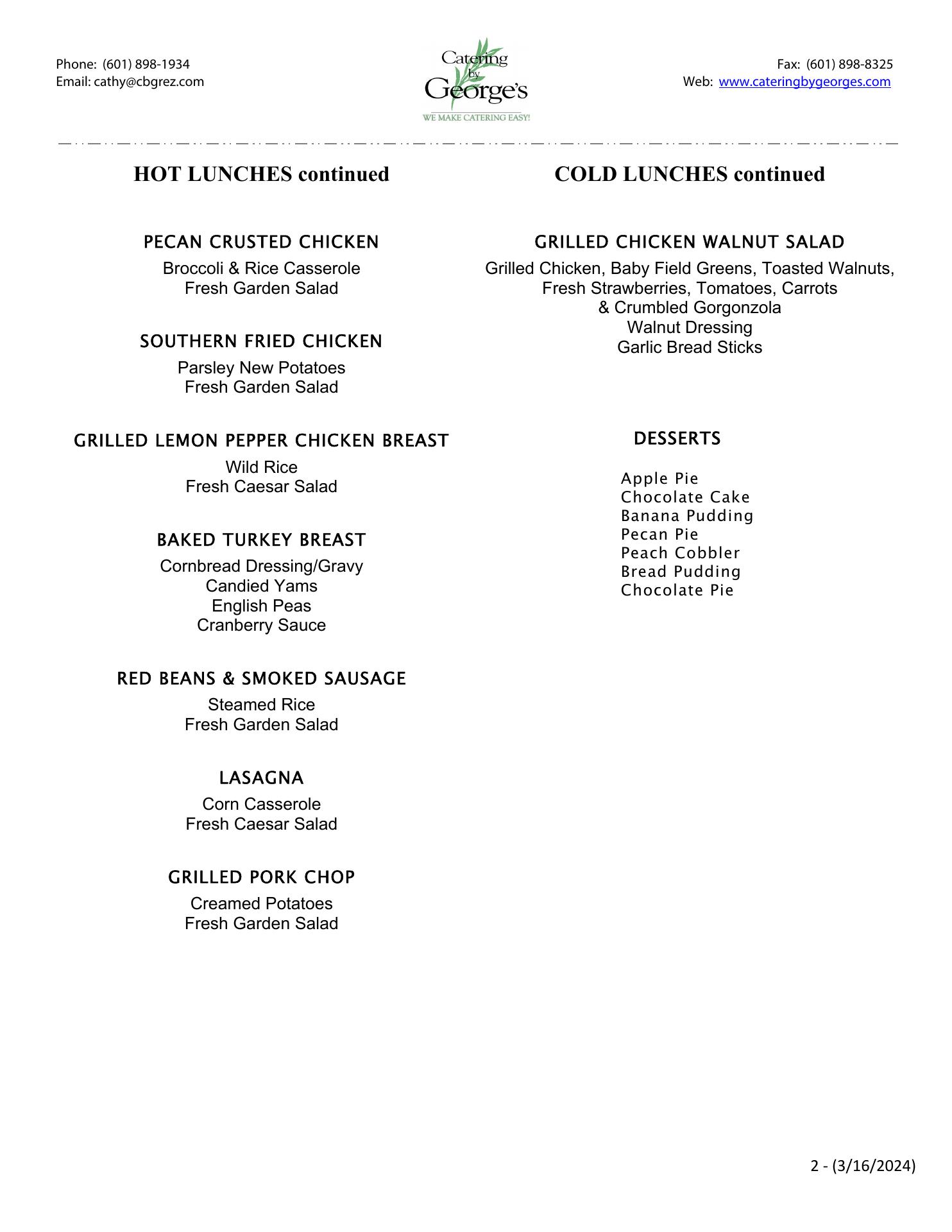 Catering by George's Menu