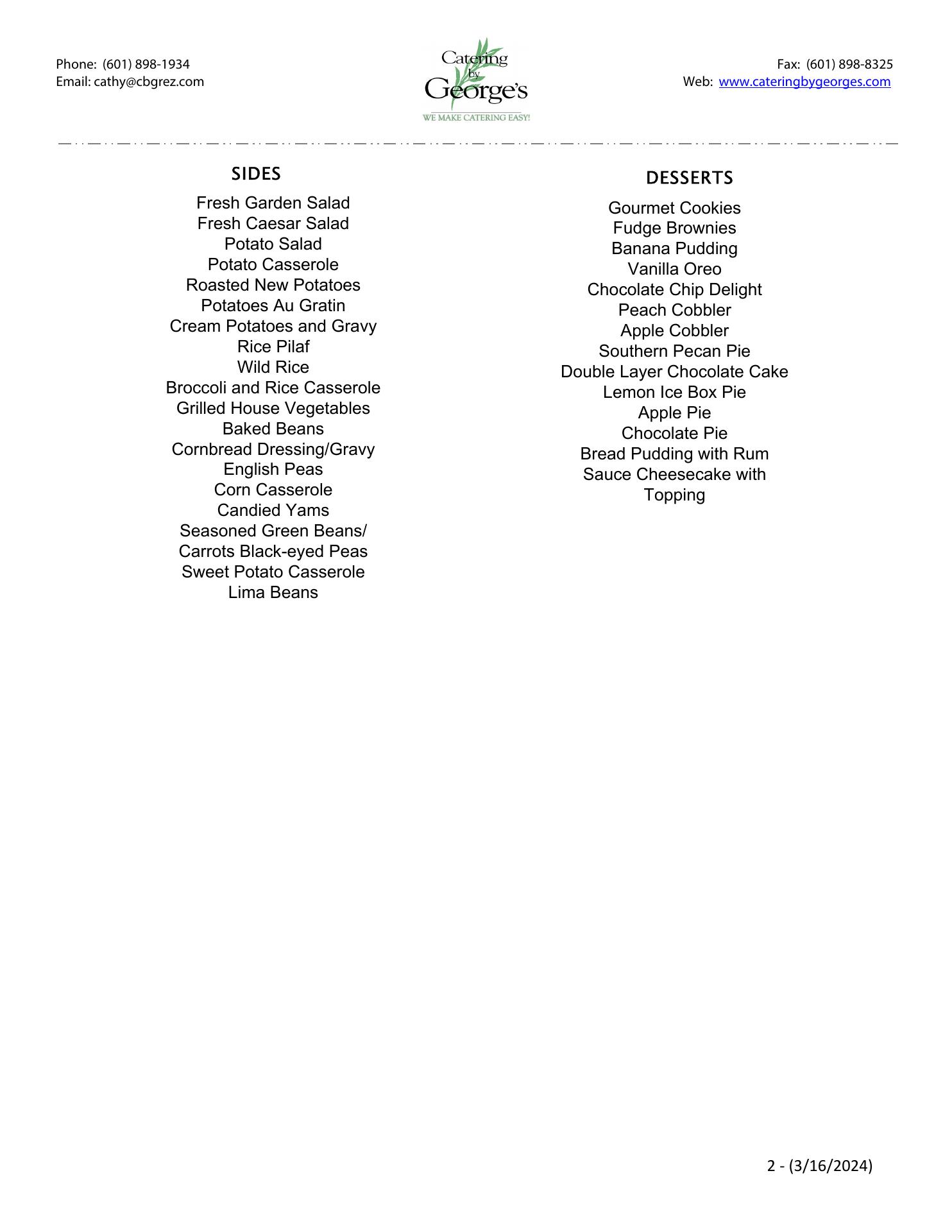 Catering by George's Menu