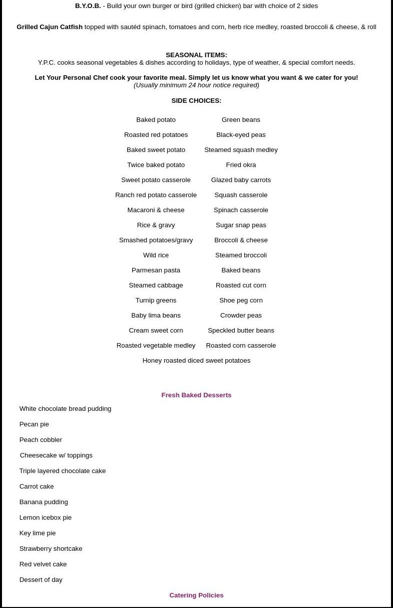 Your Personal Chef, Inc. Menu